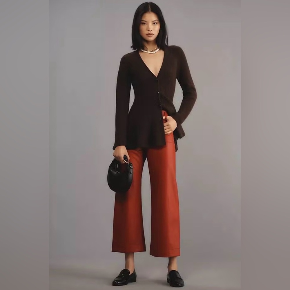 Anthropologie the Colette Faux leather Top stitch crop wide leg pants by Maeve